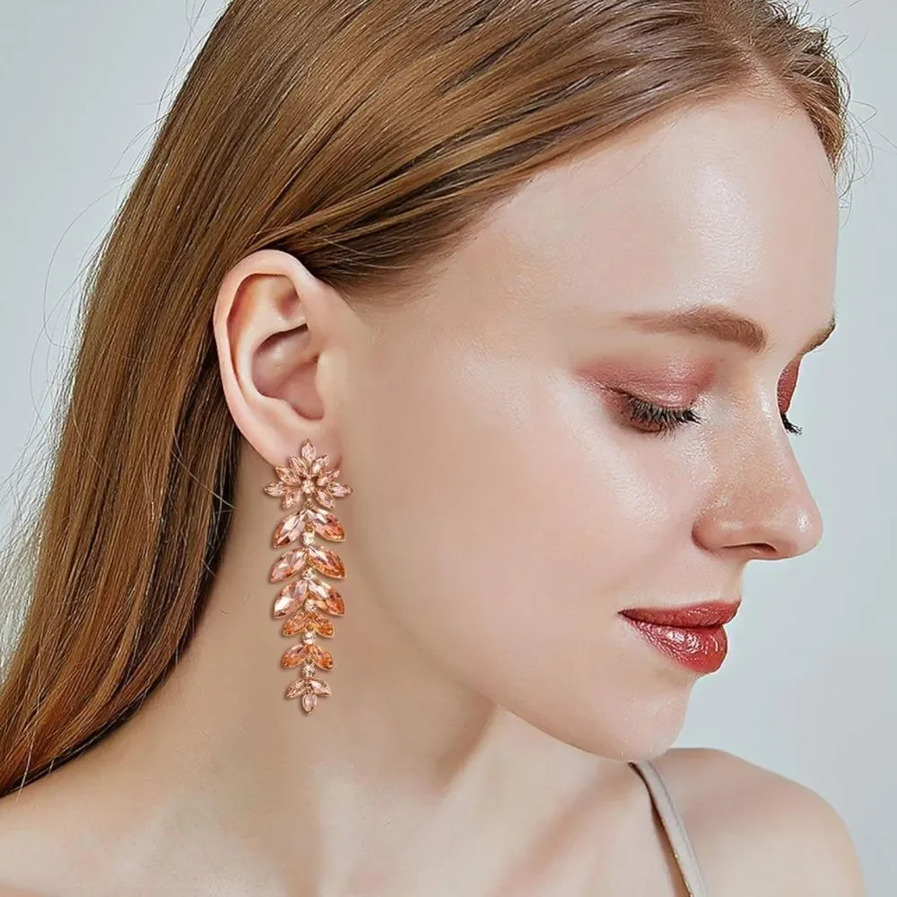 Yellow Gold with Champagne Topaz Austrian Crystal Leaf Chandelier Post Earrings